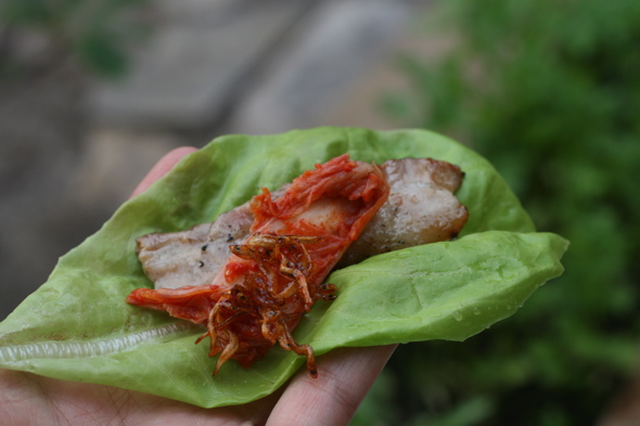 pork belly, Korean BBQ, fresh garden lettuce, kimchee