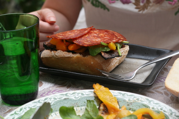  grilled veggie & meat sandwich on ciabatta bread