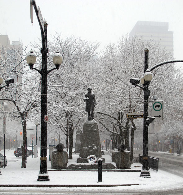 Sir John A. Macdonald statue, Gore Park, Hamilton, Ontario, snowy day