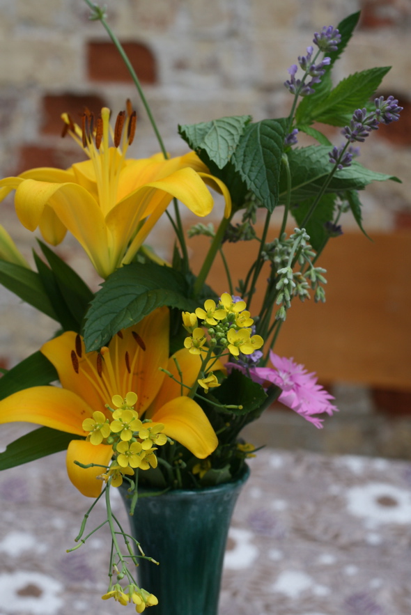 garden picked fresh flowers, mint, lilis, lavender,