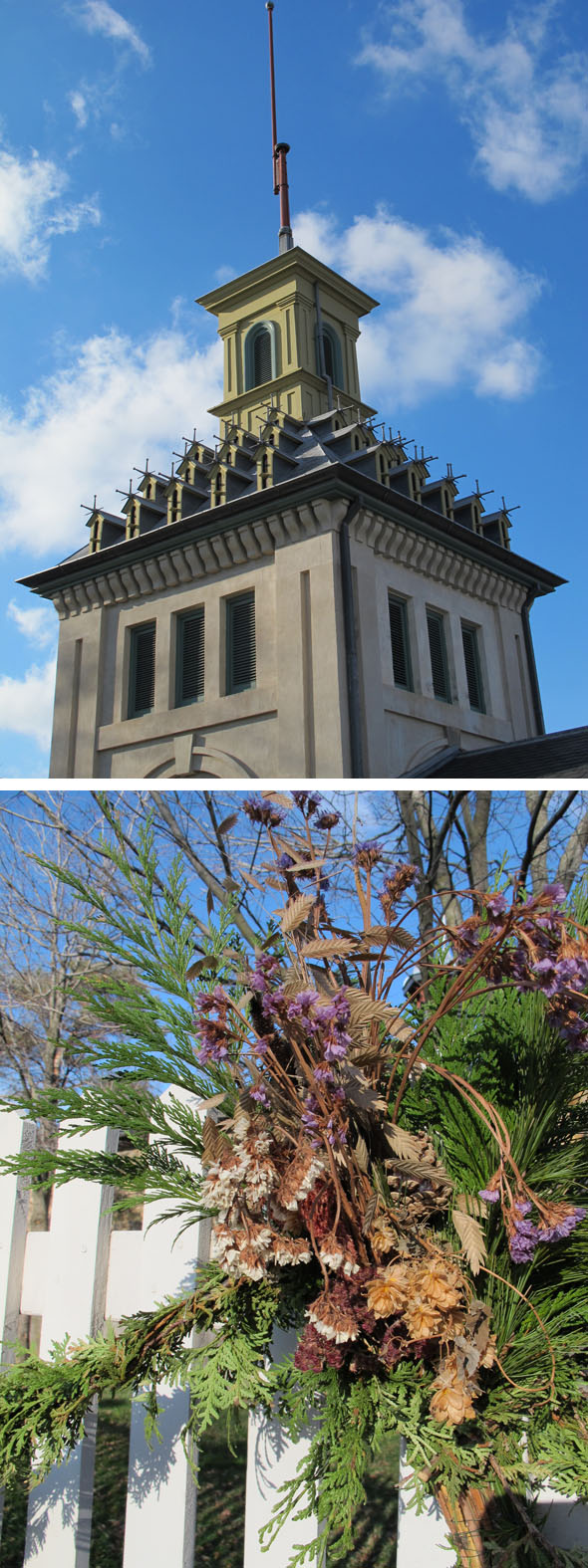 Dundurn castle bird aviary, pigeon home, Hamilton, Victorian Christmas decorations, cedar boughs, dried flowers