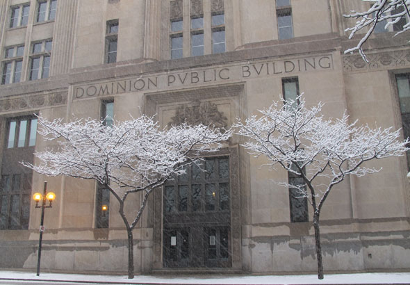 Dominion Public Building, John St. south and Main St., Hamilton, Ontario, snowy day,