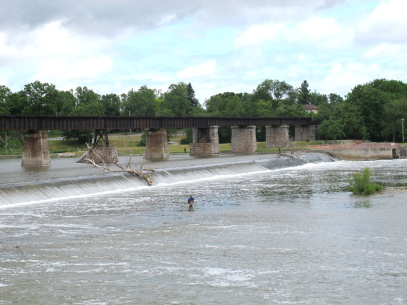 Caledonia, Grand River, Ontario, railway bridge, fishing